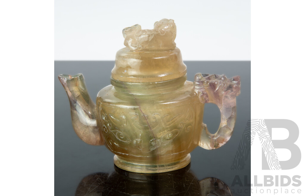 Antique Chinese Rock Crystal Lidded Teapot with Auspicious Bat Mask to Body, Dragon Handle and Pho Dog Finial to Lid