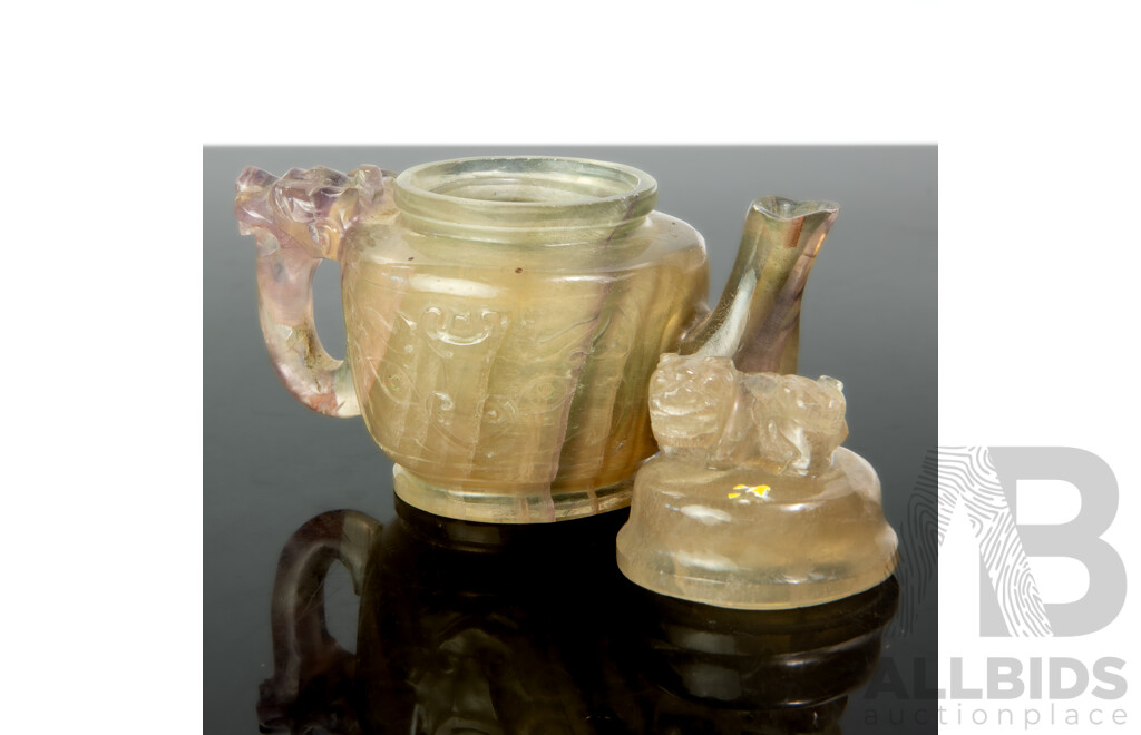 Antique Chinese Rock Crystal Lidded Teapot with Auspicious Bat Mask to Body, Dragon Handle and Pho Dog Finial to Lid