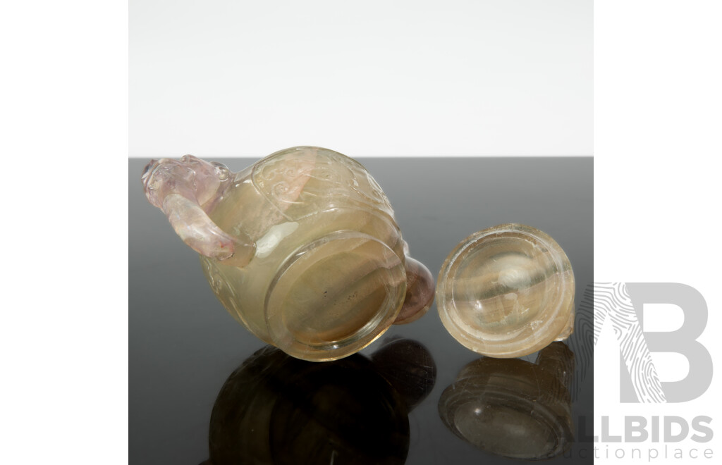 Antique Chinese Rock Crystal Lidded Teapot with Auspicious Bat Mask to Body, Dragon Handle and Pho Dog Finial to Lid