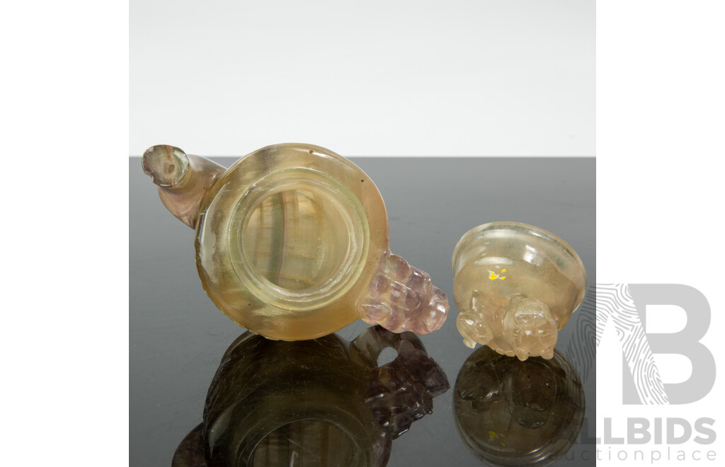 Antique Chinese Rock Crystal Lidded Teapot with Auspicious Bat Mask to Body, Dragon Handle and Pho Dog Finial to Lid