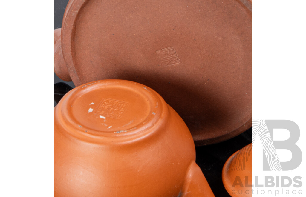 Vintage Chinese Yi Xing Pottery Lidded Teapot with Branch Form Handles and Cherry Blossom Motif to Side Along with Another Example