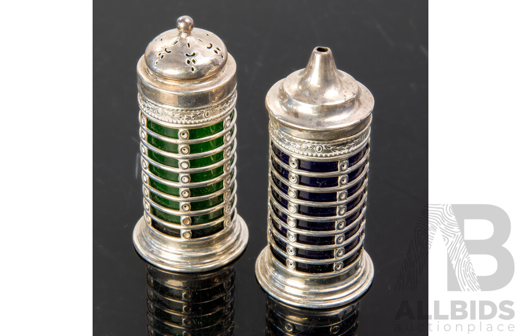 Pair Antique Sterling Silver Salt & Pepper Shakers with Coloured Glass Liners, Birmingham 1911