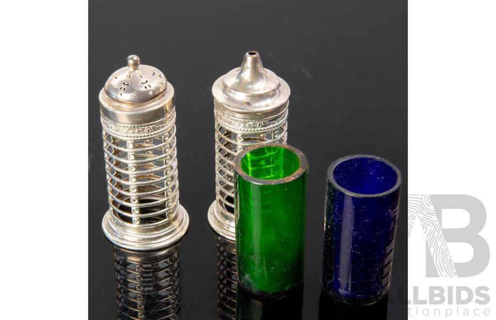 Pair Antique Sterling Silver Salt & Pepper Shakers with Coloured Glass Liners, Birmingham 1911