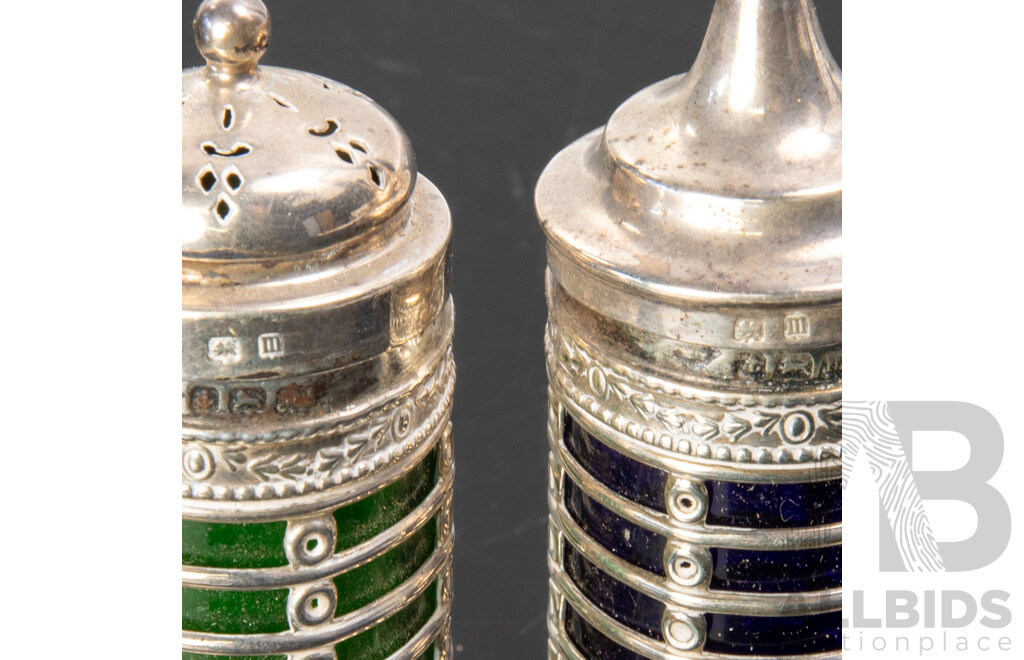 Pair Antique Sterling Silver Salt & Pepper Shakers with Coloured Glass Liners, Birmingham 1911
