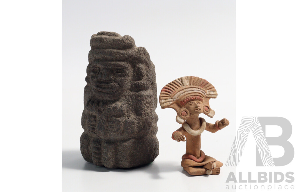 Two Souvenir Ware Meso American Figures Comprising Clay Figure Along with Volcanic Stone Carved Figure