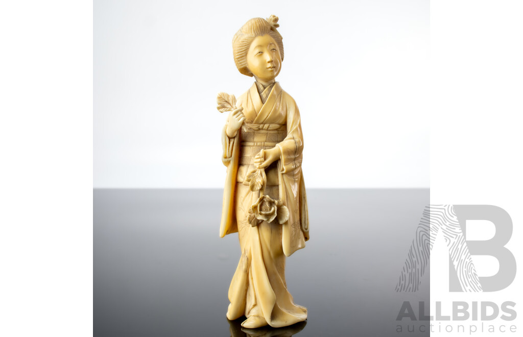 Antique Japanese Hand Carved Ivory Okimono of Female Form