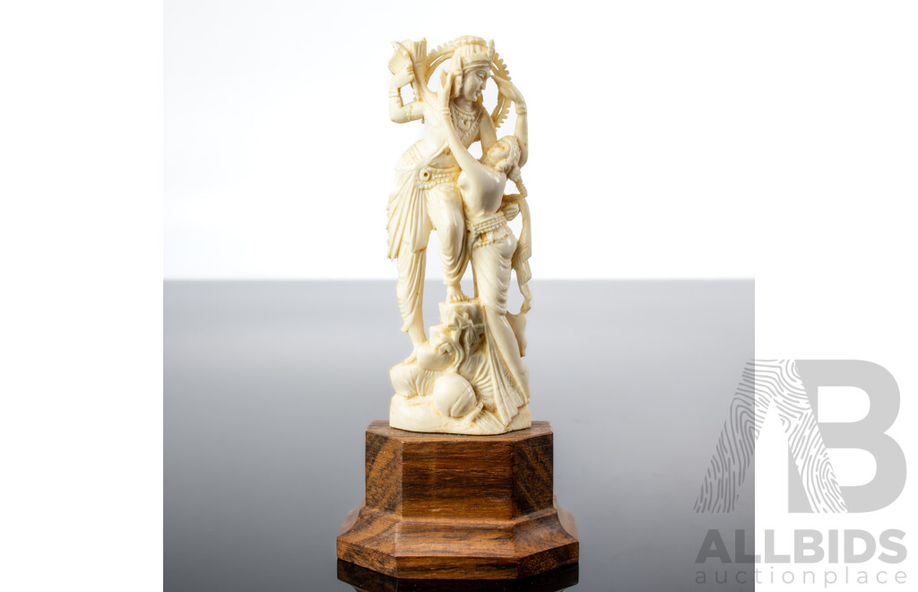 Antique Indian Hand Carved Ivory Figure of Krishna in Amorous Mood on Wooden Stand
