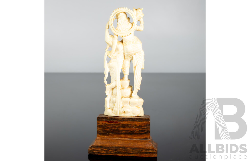 Antique Indian Hand Carved Ivory Figure of Krishna in Amorous Mood on Wooden Stand