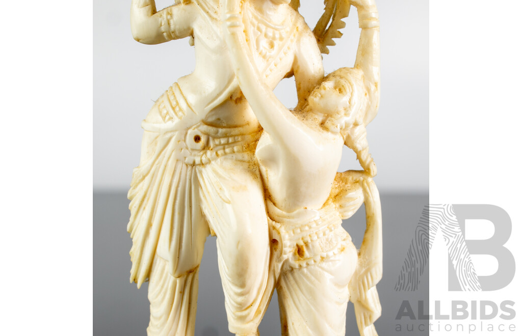 Antique Indian Hand Carved Ivory Figure of Krishna in Amorous Mood on Wooden Stand