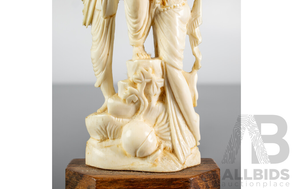 Antique Indian Hand Carved Ivory Figure of Krishna in Amorous Mood on Wooden Stand