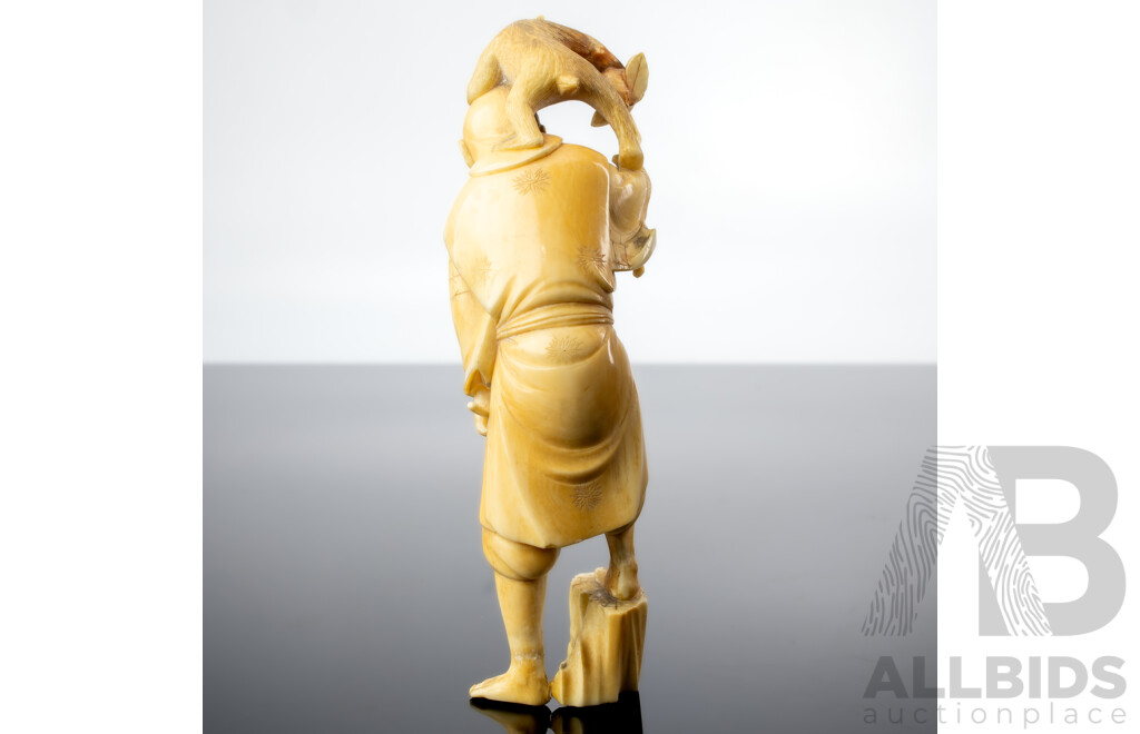 Antique Japanese Hand Carved Ivory Okimono of Man with Sickle and Monkey