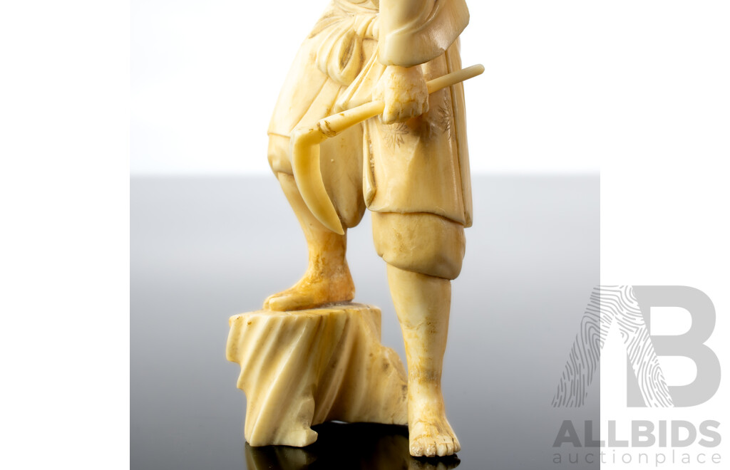 Antique Japanese Hand Carved Ivory Okimono of Man with Sickle and Monkey