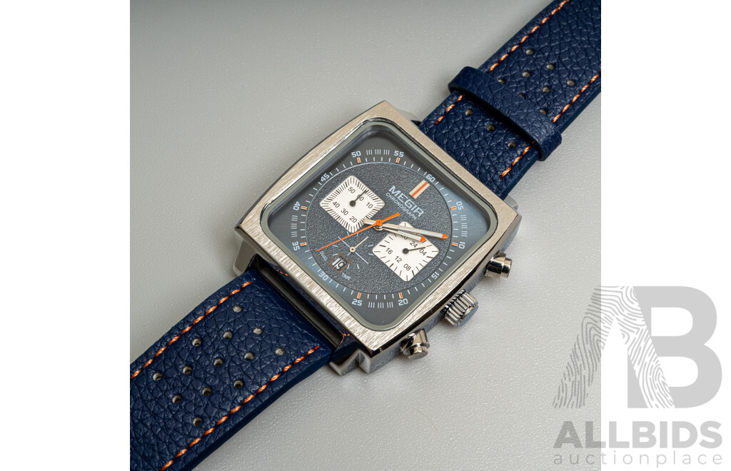 Megir 43.5mm Square Dial Chronograph Watch, Model M2182