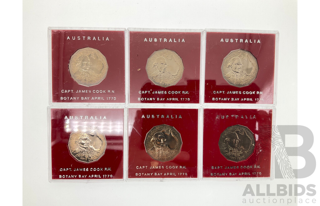 Six Australian 1970 UNC Fifty Cent Coins, Captain Cook