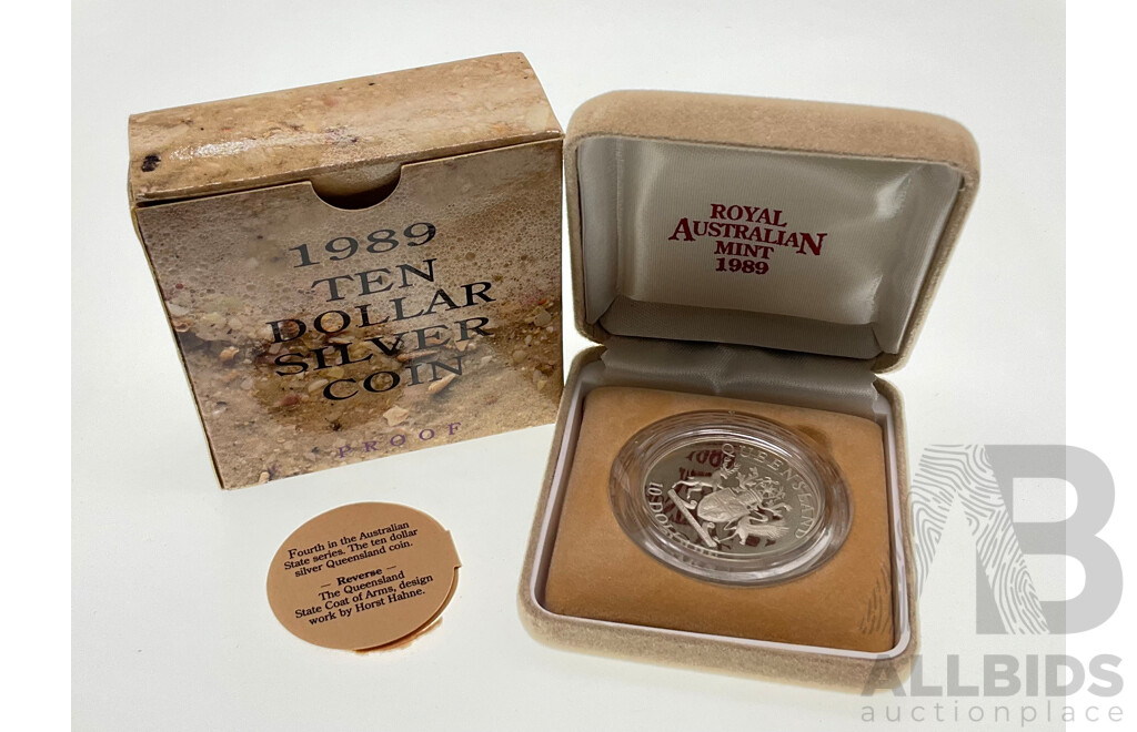 Australian RAM 1989 Silver Ten Dollar Proof Coin, State Series Queensland .925