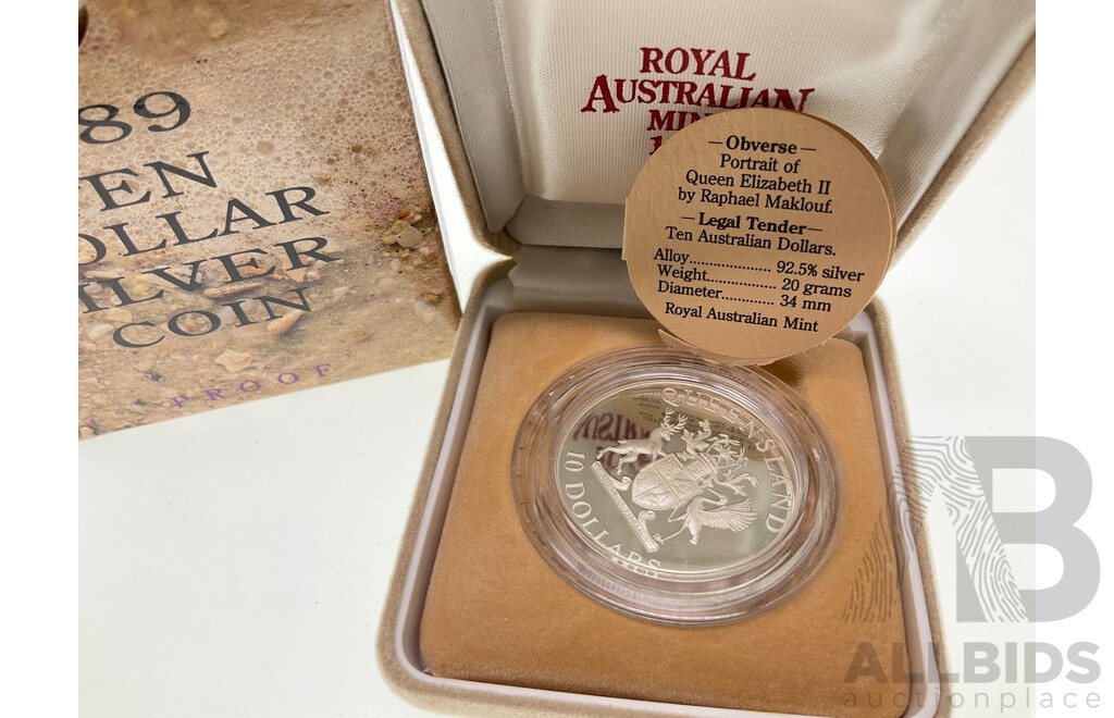Australian RAM 1989 Silver Ten Dollar Proof Coin, State Series Queensland .925