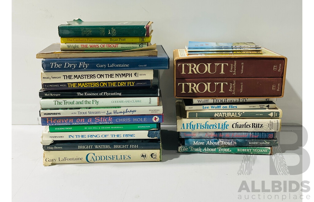 Large Collection Vintage and Other Books Regarding Trout Fishing and Fly Tying Including Local Knowledge Volumes and Two Voume Trout Set by Ernest Shweiber