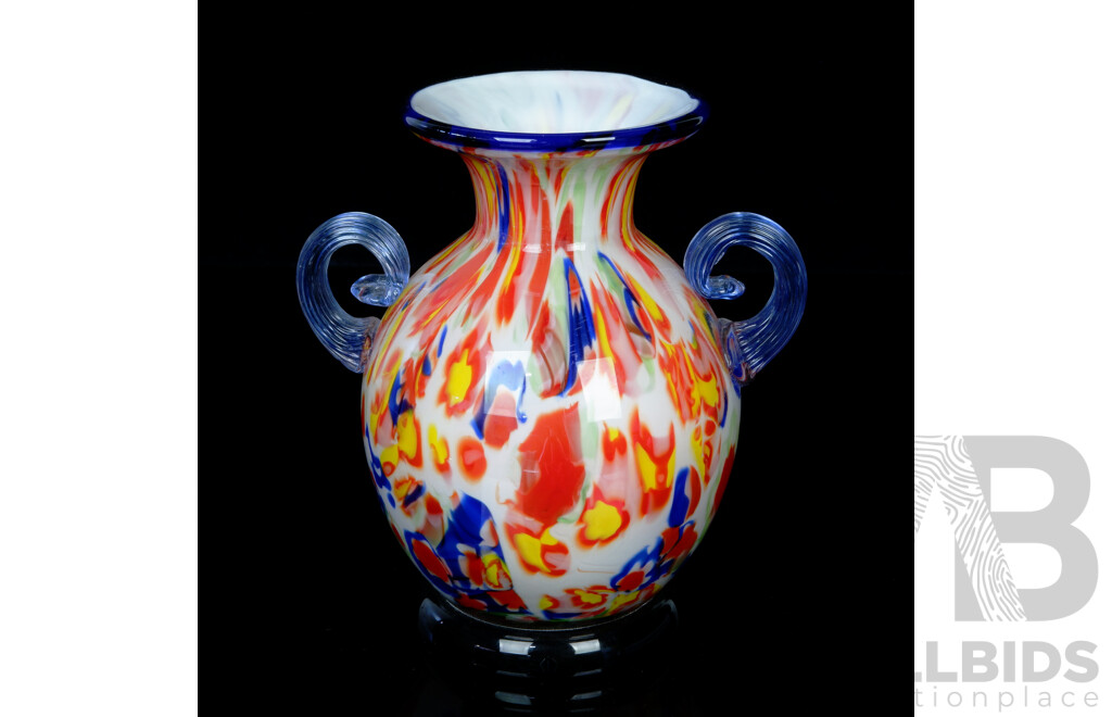 Art Glass Vase with Twin Handles and Multicoloured Detail