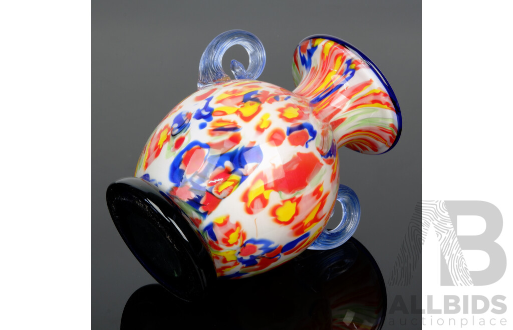 Art Glass Vase with Twin Handles and Multicoloured Detail