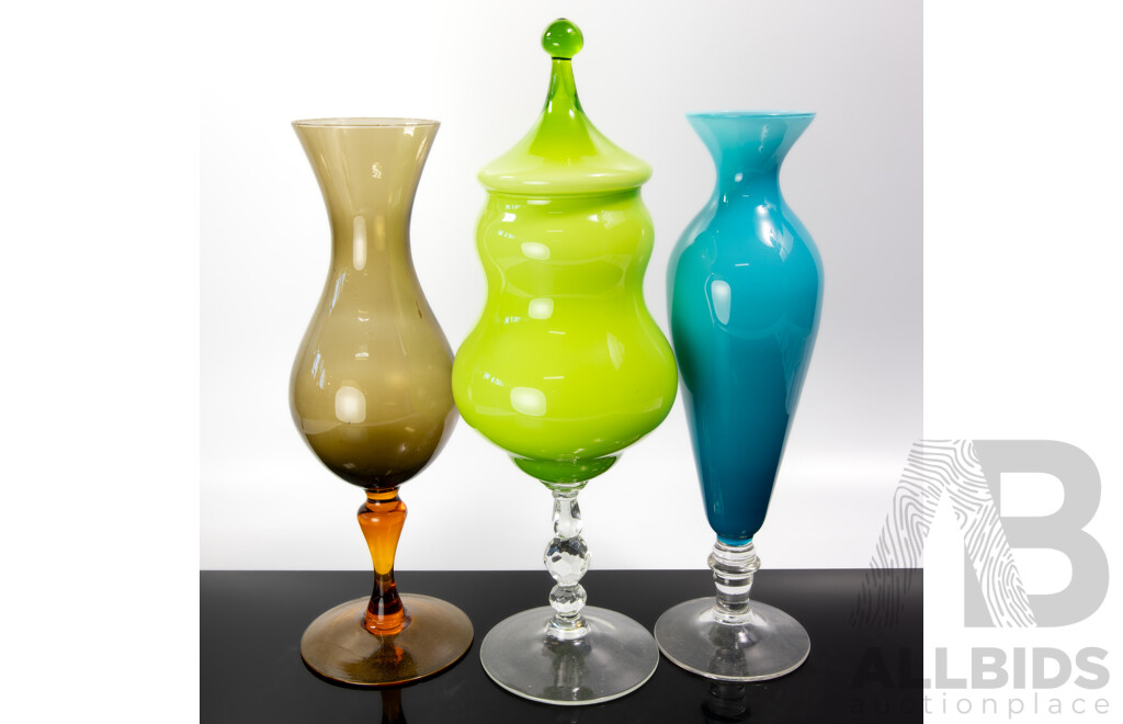 Collection Three Mid Century Art Glass Pieces Including Green Footed Lidded Example