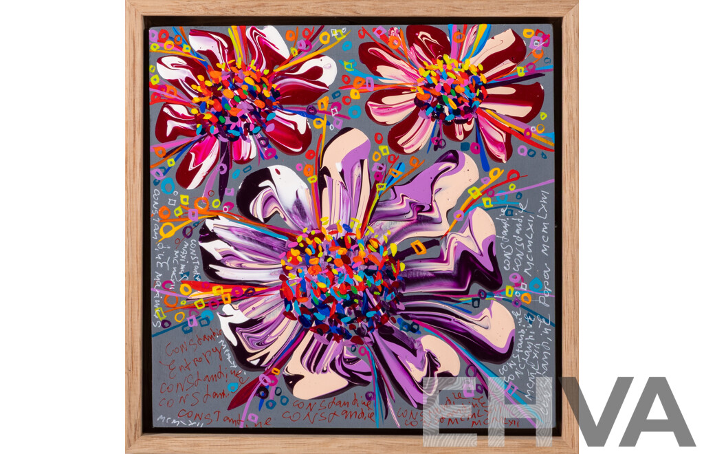 Constantine Popov, (20th Century, Russian-Australian, 1962-), Flowers on Grey - Entropy, Acrylic on Wood Panel, 23 x 23 cm (frame)