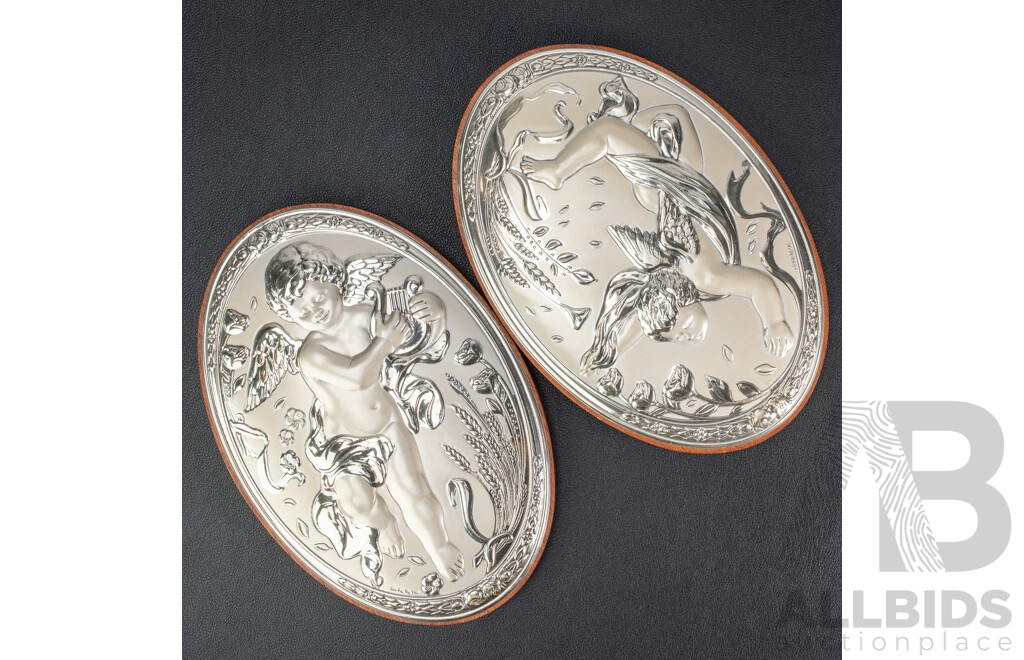 Pair Sterling Silver Plaques on Wooden Backing, Tested .950 Silver
