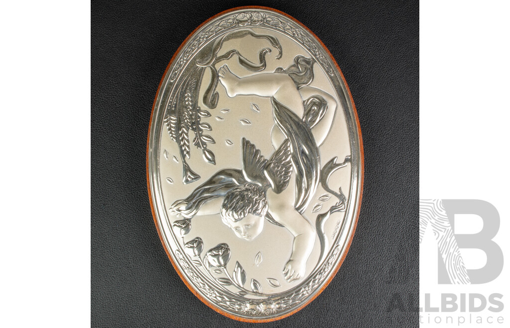 Pair Sterling Silver Plaques on Wooden Backing, Tested .950 Silver