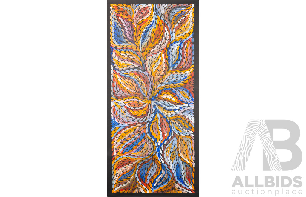 Rosemary Petyarre, (20th Century, Indigenous-Australian, 1945-), Bush Yam Flower (2023), Acrylic on Canvas, 109 x 52 cm (edge to edge)