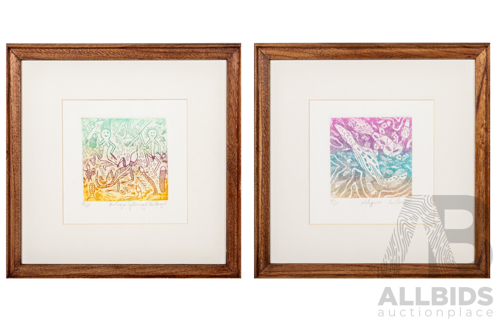 Paul Bong, (20th Century, Indigenous-Australian, 1963-), Hunting & Gathering II and Platypuses (2025), Pair of Wonderful Signed & Numbered Coloured Etchings, 33.5 x 33.5 cm (frames) (2)