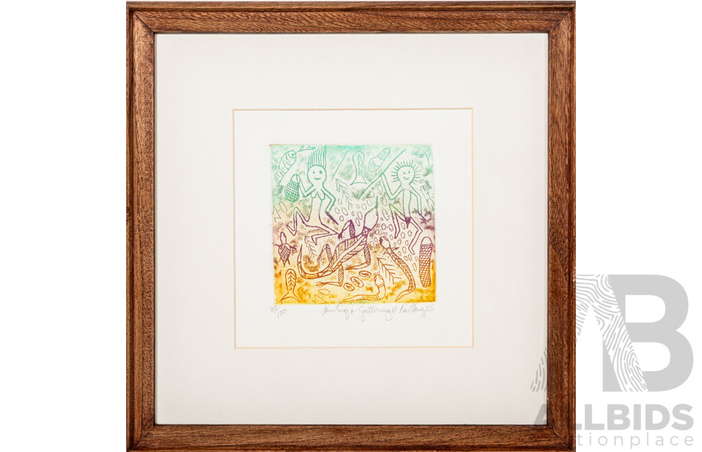Paul Bong, (20th Century, Indigenous-Australian, 1963-), Hunting & Gathering II and Platypuses (2025), Pair of Wonderful Signed & Numbered Coloured Etchings, 33.5 x 33.5 cm (frames) (2)