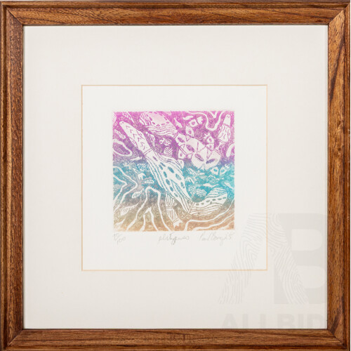 Paul Bong, (20th Century, Indigenous-Australian, 1963-), Hunting & Gathering II and Platypuses (2025), Pair of Wonderful Signed & Numbered Coloured Etchings, 33.5 x 33.5 cm (frames) (2)