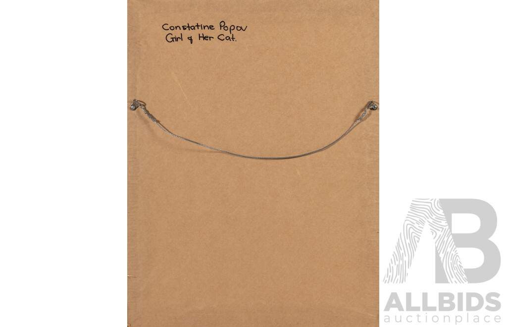 Constantine Popov, (20th Century, Russian-Australian, 1962-), Girl and Her Cat, Acrylic on Canvas, Framed Under Glass, 52 x 40 cm (frame)