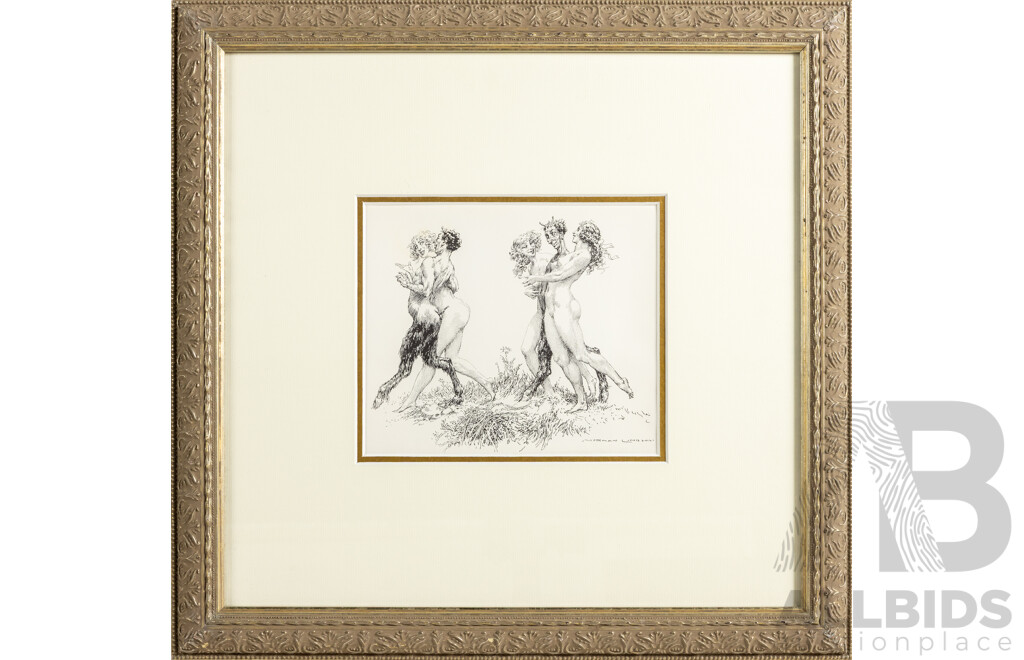 Norman Lindsay (20th Century, Australian, 1879-1969), Decoration for the Pilgrims, Book Plate Print, 41 x 42.5 cm (frame)