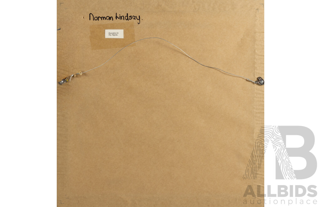 Norman Lindsay (20th Century, Australian, 1879-1969), Decoration for the Pilgrims, Book Plate Print, 41 x 42.5 cm (frame)