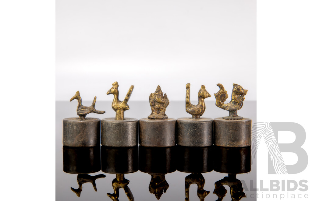 Collection Four Vintage Asian Weights with Brass Rooster Finials