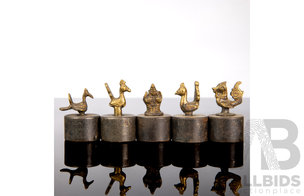 Collection Four Vintage Asian Weights with Brass Rooster Finials