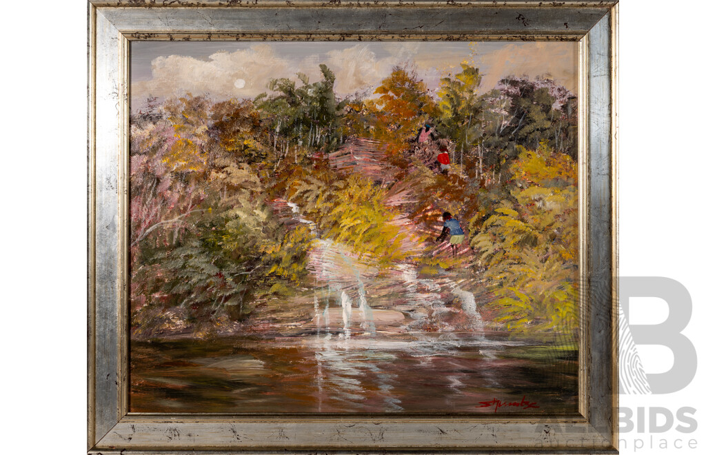 (Possibly) Steven Deutscher, (20th Century, German-Born Australian, 1947-), Indigenous Children Playing by Water, Original Oil on Canvas. 60 x 70 cm (frame)