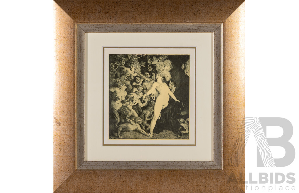 Norman Lindsay (20th Century, Australian, 1879-1969), The Showman & She Arrives, Pair of Lovely Book Plate Prints, 43 x 43 cms (frames) (2)