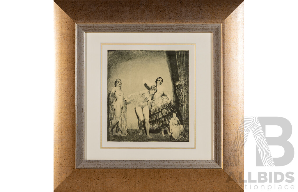 Norman Lindsay (20th Century, Australian, 1879-1969), The Showman & She Arrives, Pair of Lovely Book Plate Prints, 43 x 43 cms (frames) (2)