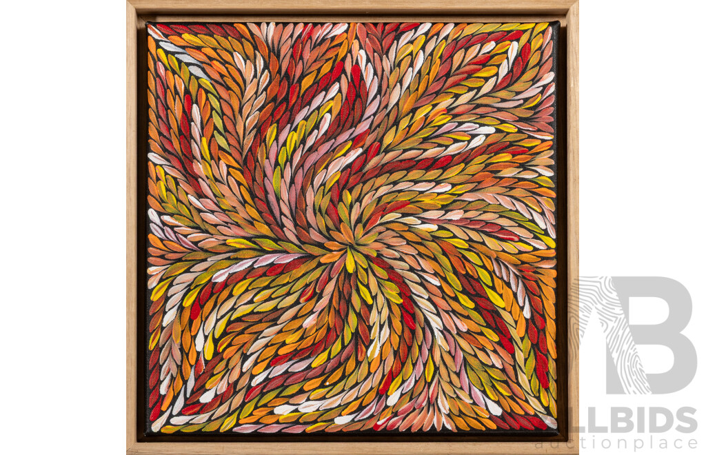 Delvine Pitjara, (20th Century, Indigenous-Australian, 1982-), Bush Leaves I, Wonderful Original Acrylic on Canvas, 33 x 33 cm (frame)