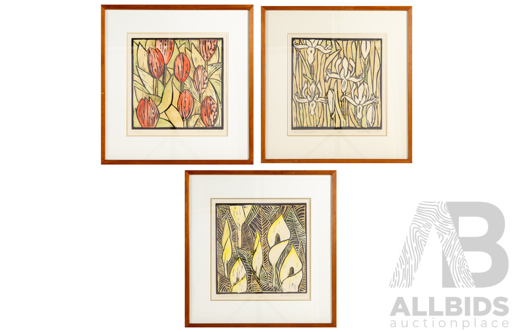 Paul McRyan, (20th Century, Australian), Iris Reticulata, Calla Lillys & Tulips, Wonderful Trio of Original Editioned and Signed Screenprints, 53 x 50 cm (frames) (3)