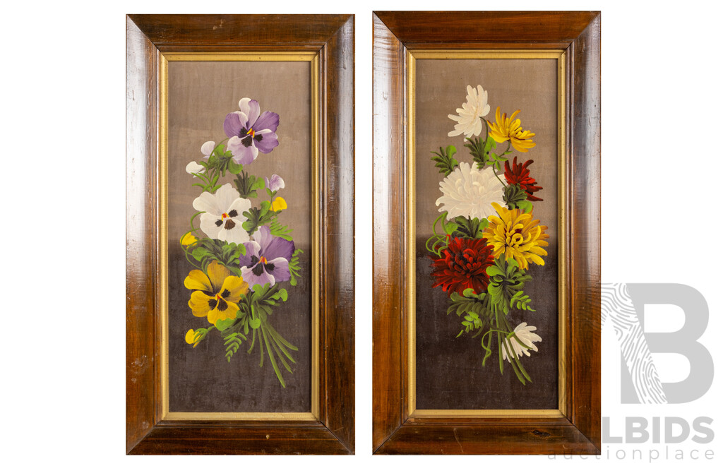 Lovely Pair of Antique Edwardian Still Life Flower Studies, Original Oil on Canvases, 74 X 39 Cm (frames) (2)