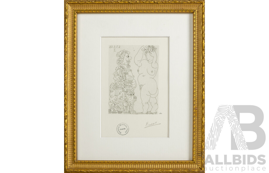 Pablo Picasso, (19th/20th Centuries, Spanish-French, 1881-1973), Standing Nude Female Figure with Dog, Signed & Stamped Heliogravure (c.1970), from the 1968 Original Etching, 29 x 24 cm (frame)