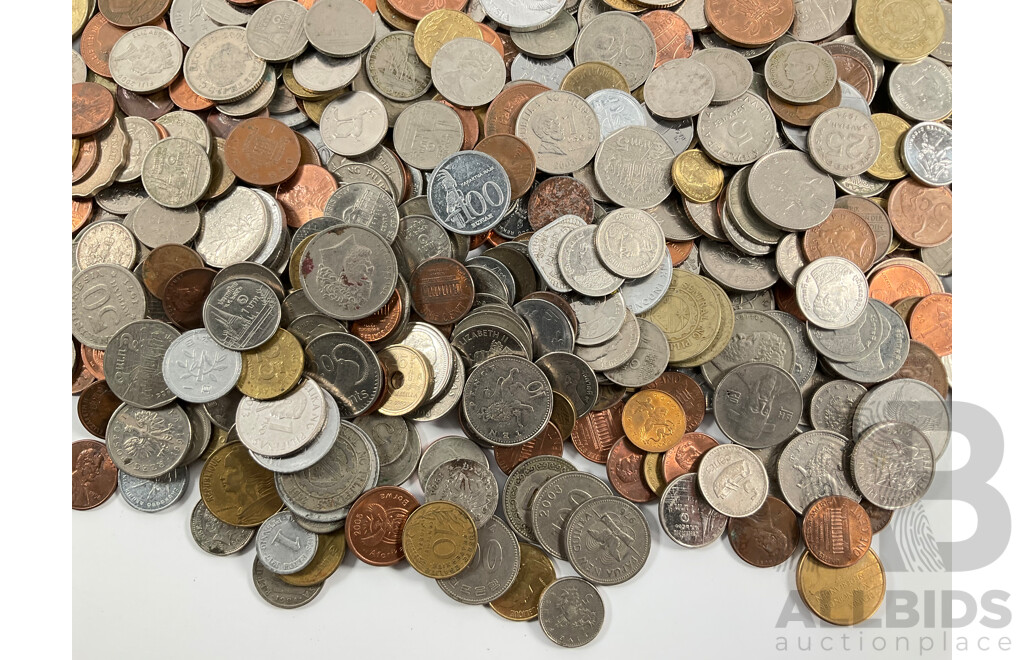 Collection of International Coins Including Hong Kong, France, USA, United Kingdom, Philippines, Thailand, Fiji, Greece with Indonesian Bank Notes, Vintage Westpack Bank Bag  - Approximately 3 Kilograms