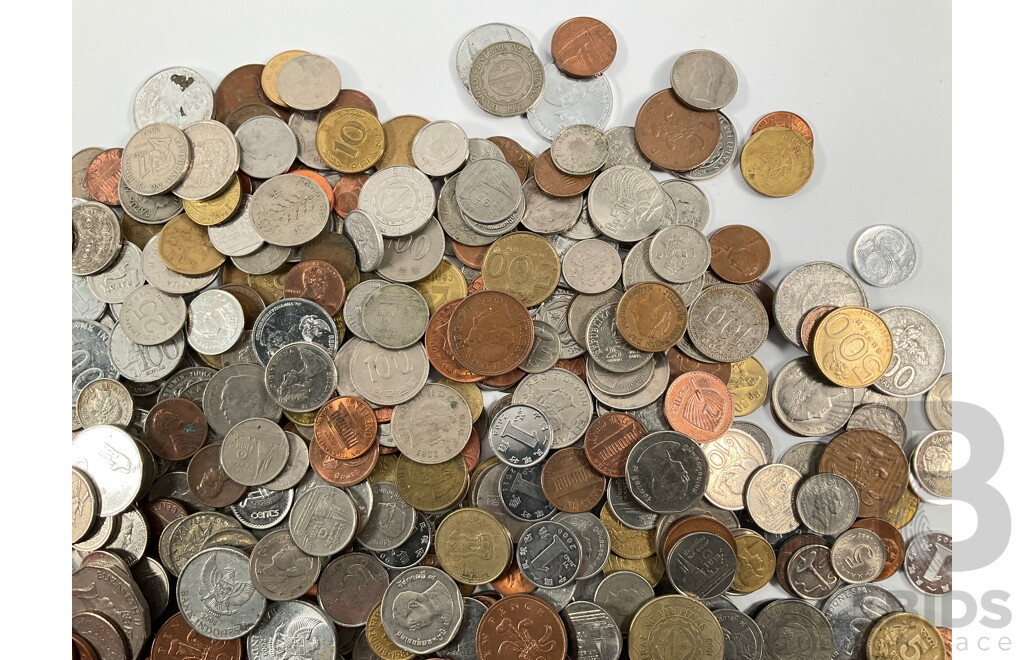 Collection of International Coins Including Hong Kong, France, USA, United Kingdom, Philippines, Thailand, Fiji, Greece with Indonesian Bank Notes, Vintage Westpack Bank Bag  - Approximately 3 Kilograms