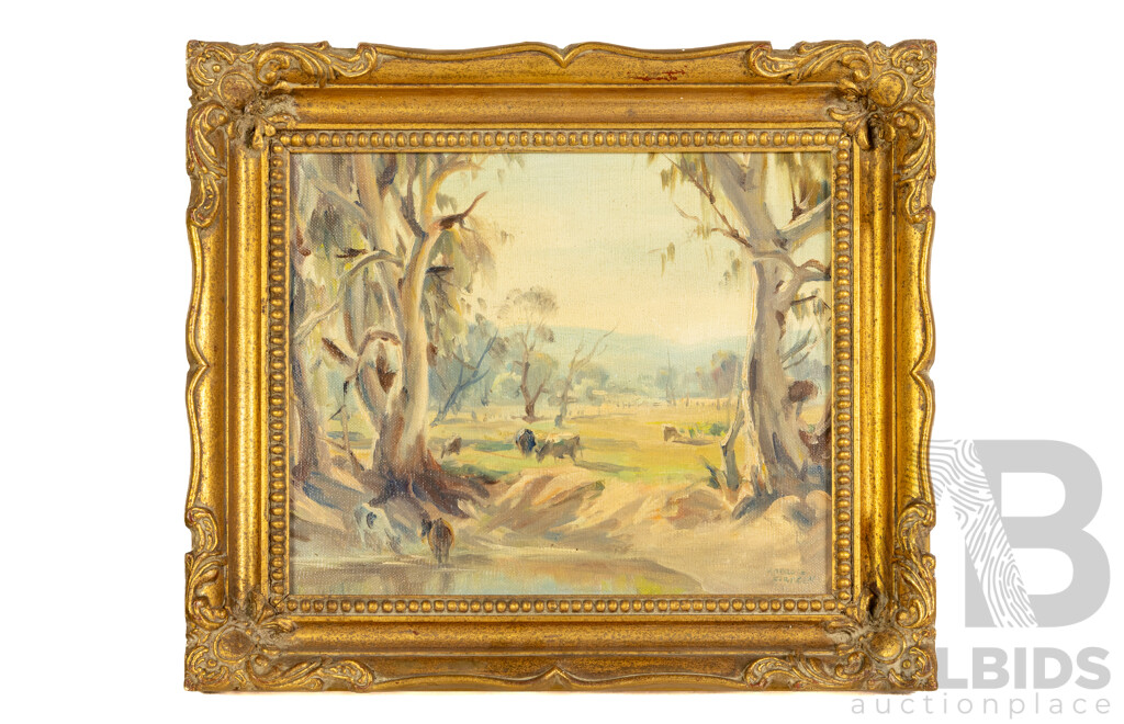 Ambrose Sylvester Griffin, (20th Century, Australian. 1912-1980), Dawn Grazing, Wonderful Vintage Oil on Canvas Board, 33 x 38 cm (frame)