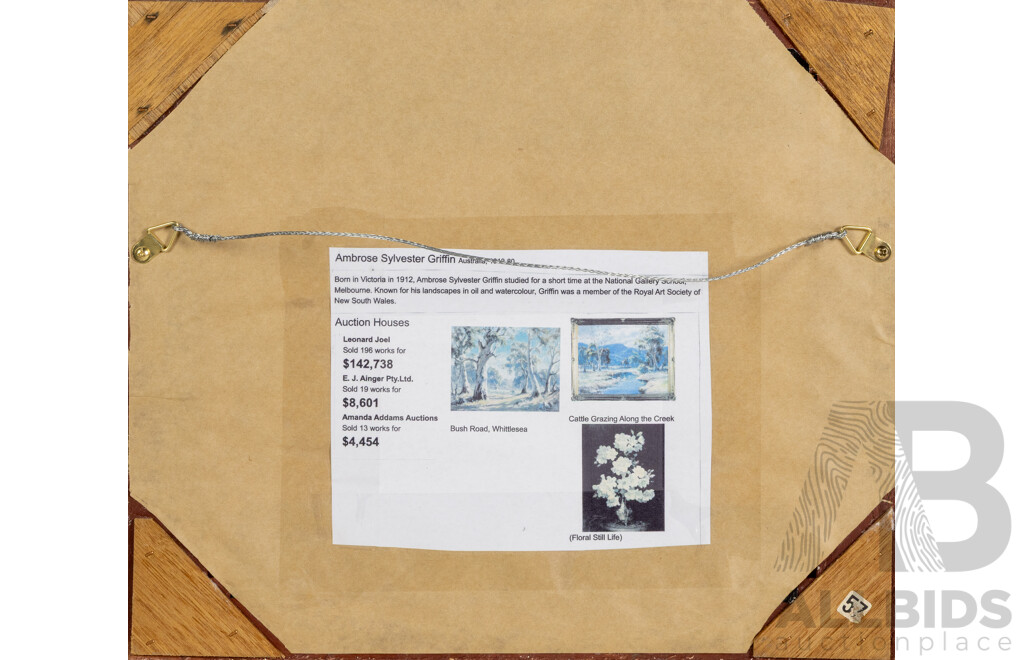 Ambrose Sylvester Griffin, (20th Century, Australian. 1912-1980), Dawn Grazing, Wonderful Vintage Oil on Canvas Board, 33 x 38 cm (frame)