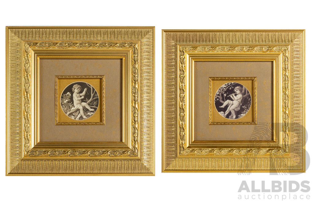 Artists Unknown (20th Century), Putto with Flute & Putto with Triangle, Pair of Musical Putti Depicted in Quality Reproduction Prints, 36 x 36 cm (frames) (2)