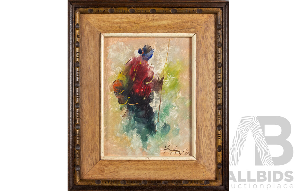 Signed Indistinctly, (20th Century, Active c1970s), Hunter in Red Shawl, Wonderful Original Vintage Oil on Canvas Board, 47 x 40 cm (frame)