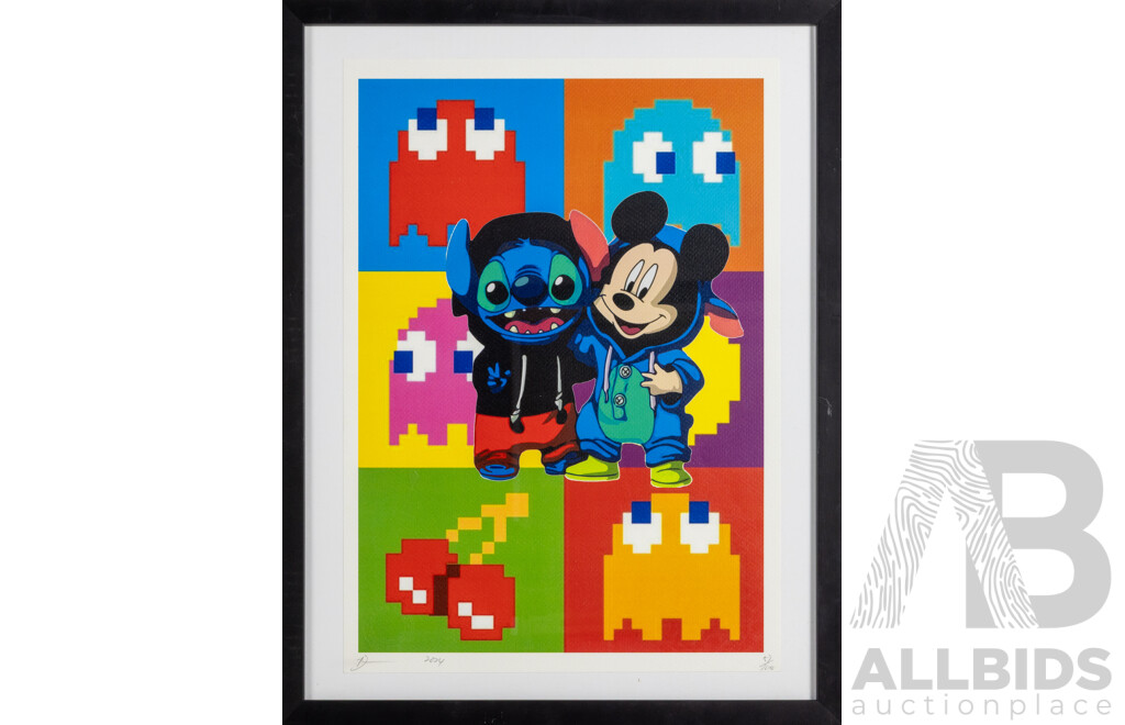 Death NYC, (20th Century, American, 1979-), Stitch & Mickey with Pac Men Friends, Limited Editioned & Signed Original Quality Digital Print, 53 X 41 Cm (frame)